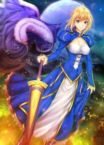 Anime picture 1000x1399 with fate (series) fate/stay night type-moon artoria pendragon (all) saber zucchini single long hair tall image looking at viewer fringe breasts blue eyes blonde hair smile standing holding ahoge braid (braids) night