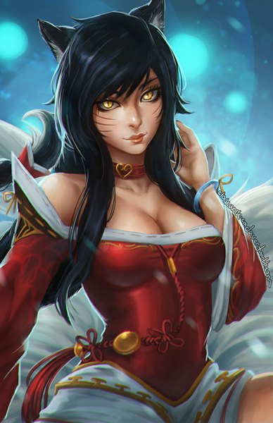 Anime picture 663x1024 with league of legends ahri (league of legends) koyoriin single long hair tall image looking at viewer fringe breasts black hair bare shoulders animal ears yellow eyes tail traditional clothes lips facial mark fox girl chinese clothes multiple tails