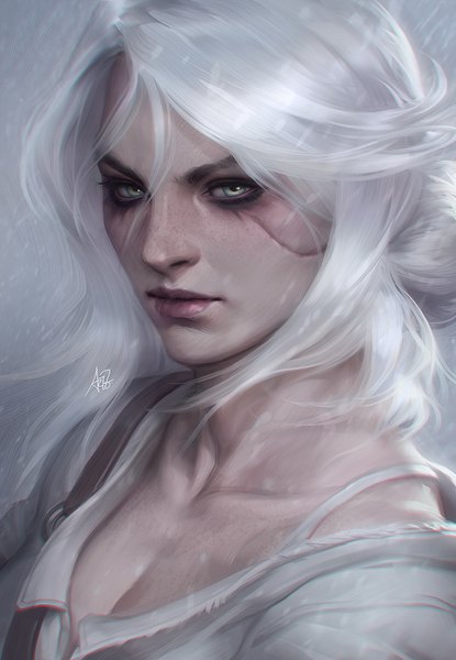 Anime picture 900x1300 with the witcher the witcher 3 wild hunt ciri artgerm (stanley lau) single long hair tall image looking at viewer blush simple background green eyes signed cleavage white hair lips realistic grey background portrait snowing scar