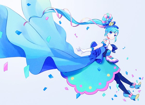 Anime picture 2305x1668 with precure delicious party precure toei animation fuwa kokone cure spicy ishida30 single looking at viewer highres blue eyes simple background blue hair full body very long hair side ponytail magical girl girl dress gloves pantyhose