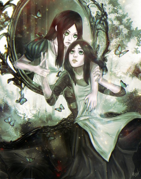 Anime picture 1271x1620 with american mcgee's alice (game) alice: madness returns alice (american mcgee's) rezo-sempai long hair tall image black hair multiple girls green eyes fingernails lips pale skin dual persona girl dress 2 girls insect butterfly mirror