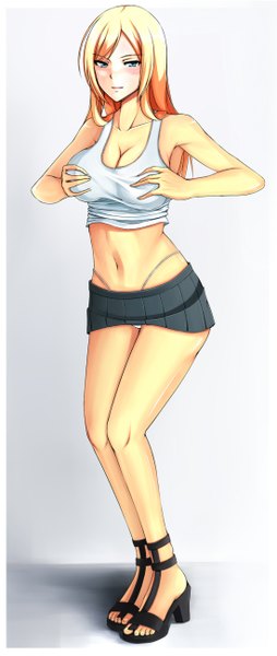 Anime picture 550x1295 with metalbolic (kinzo) single long hair tall image looking at viewer blush fringe breasts blue eyes light erotic blonde hair simple background large breasts bare belly breast grab girl skirt navel underwear panties