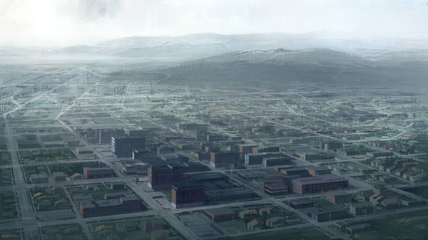 Anime picture 1600x900 with original seo tatsuya wide image city cityscape mountain no people building (buildings) road