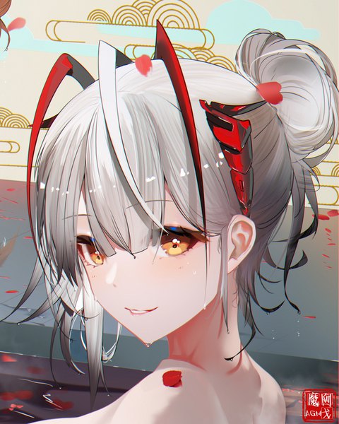 Anime picture 1576x1968 with arknights w (arknights) omone hokoma agm single tall image looking at viewer short hair signed silver hair ahoge parted lips horn (horns) hair bun (hair buns) orange eyes face girl petals
