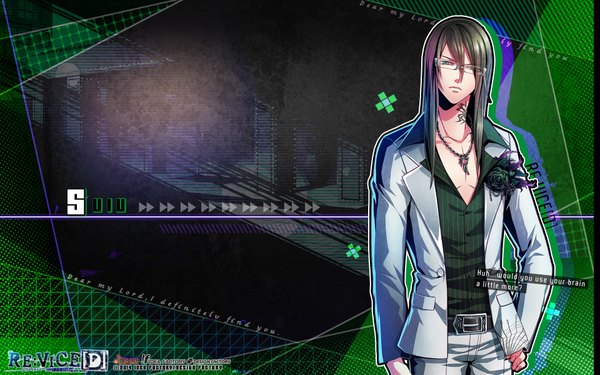Anime picture 1920x1200 with re:vice[d] idea factory suiu (re:vice[d]) long hair looking at viewer fringe highres standing green eyes official art tattoo wallpaper hand on hip boy flower (flowers) glasses rose (roses) pendant