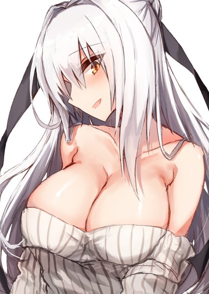 Anime picture 1173x1648 with original kinona (kino10) single long hair tall image looking at viewer blush fringe breasts open mouth light erotic simple background smile hair between eyes large breasts white background bare shoulders yellow eyes cleavage silver hair