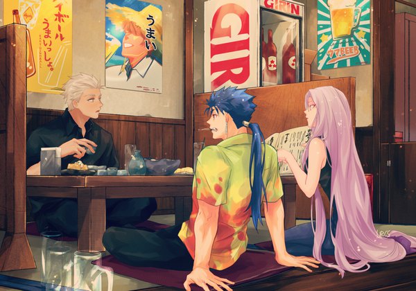 Anime picture 2000x1400 with fate (series) fate/stay night rider archer (fate) cu chulainn (fate) cu chulainn (fate/stay night) kajijii long hair highres short hair open mouth red eyes sitting purple eyes holding blue hair looking away purple hair bent knee (knees) white hair