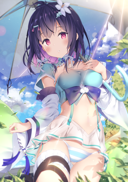 Anime picture 700x990 with houchi shoujo xiahou ba hatsuki kaname single tall image looking at viewer blush fringe breasts light erotic standing bare shoulders holding sky purple hair cloud (clouds) ahoge outdoors parted lips head tilt
