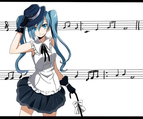 Anime picture 1100x922 with vocaloid hatsune miku long hair twintails bare shoulders aqua hair music girl skirt gloves hat miniskirt