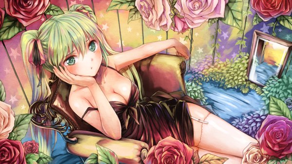 Anime picture 1920x1080 with vocaloid hatsune miku yakusa single long hair looking at viewer blush fringe highres breasts light erotic hair between eyes wide image sitting twintails cleavage aqua eyes aqua hair head rest girl