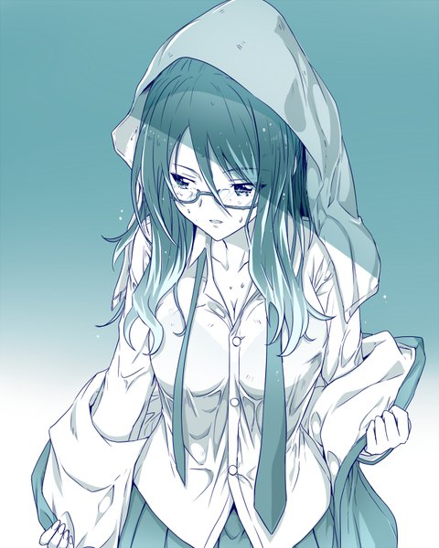 Anime picture 640x800 with original yuto (dialique) single long hair tall image light erotic simple background looking away pleated skirt from above wet gradient background monochrome wet clothes wet shirt girl skirt glasses towel