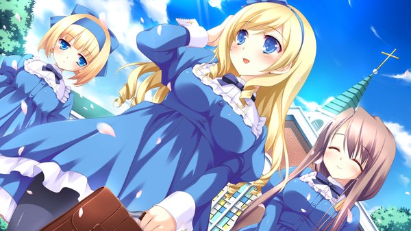 Anime picture 1920x1080 with hyper highspeed genius sakura windsor iris windsor long hair blush highres short hair blue eyes blonde hair brown hair wide image multiple girls game cg girl serafuku 3 girls