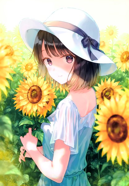 Anime picture 2406x3464 with original hiten (hitenkei) single tall image looking at viewer blush fringe highres short hair brown hair standing holding brown eyes outdoors blunt bangs looking back from behind blurry scan girl