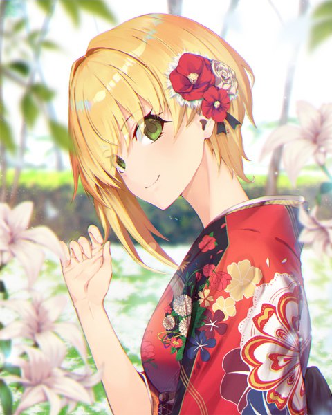 Anime-Bild 800x1000 mit idolmaster idolmaster cinderella girls miyamoto frederica soya (torga) single tall image looking at viewer blush fringe short hair blonde hair smile hair between eyes green eyes upper body traditional clothes japanese clothes blurry floral print asymmetrical hair