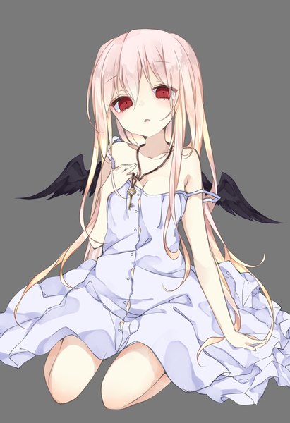 Anime picture 843x1228 with original chico152 single long hair tall image looking at viewer fringe simple background blonde hair red eyes sitting bare shoulders grey background kneeling black wings girl dress wings white dress pendant