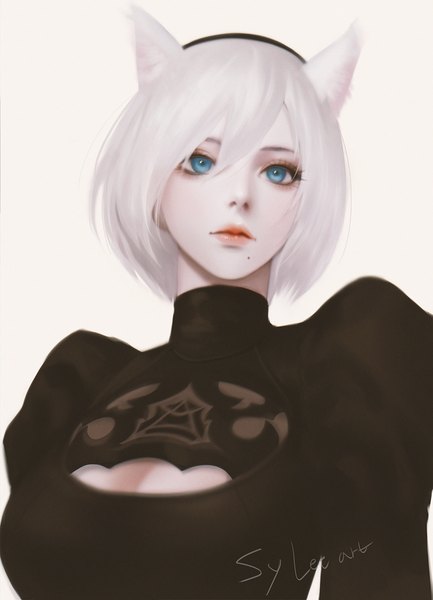 Anime picture 900x1246 with nier nier:automata yorha no. 2 type b thaumazo single tall image fringe short hair blue eyes simple background hair between eyes signed animal ears looking away upper body white hair lips cat ears realistic mole