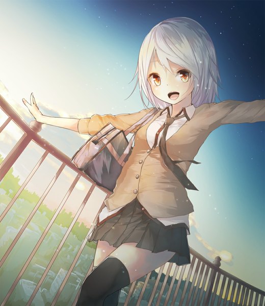 Anime picture 1000x1154 with original la-na tall image looking at viewer fringe short hair open mouth brown eyes sky silver hair cloud (clouds) happy girl thighhighs skirt uniform black thighhighs school uniform necktie star (stars)