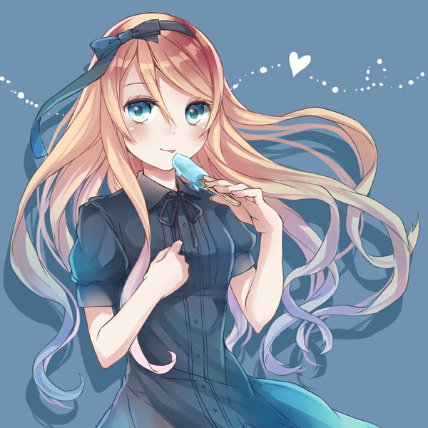 Anime picture 1000x1000 with original aquariumtama single long hair looking at viewer blush blue eyes blonde hair girl dress food hairband sweets tongue ice cream
