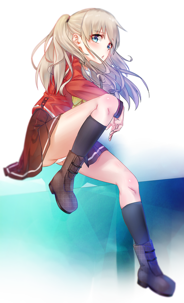 Anime picture 1090x1789 with charlotte p.a. works tomori nao rolua single long hair tall image looking at viewer blush fringe blue eyes light erotic simple background white background twintails bent knee (knees) pleated skirt wind grey hair blurry