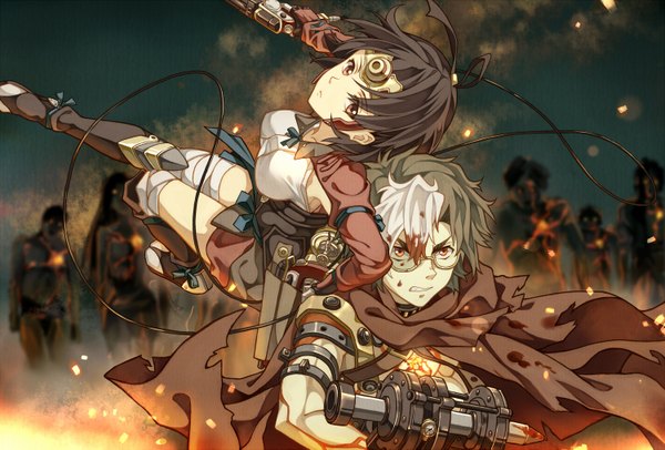 Anime picture 1500x1017 with koutetsujou no kabaneri wit studio mumei (kabaneri) ikoma (kabaneri) cheese kang looking at viewer short hair black hair red eyes brown hair brown eyes zombie girl boy hair ornament weapon glasses boots gun blood