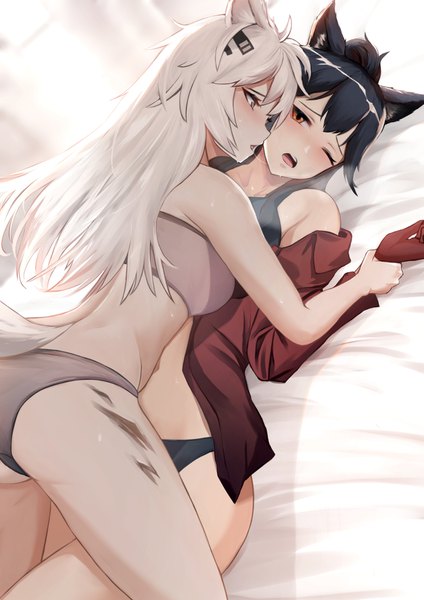 Anime picture 1191x1684 with arknights texas (arknights) lappland (arknights) texas (willpower) (arknights) krirk long hair tall image looking at viewer blush fringe open mouth light erotic bare shoulders multiple girls animal ears looking away silver hair tail lying long sleeves