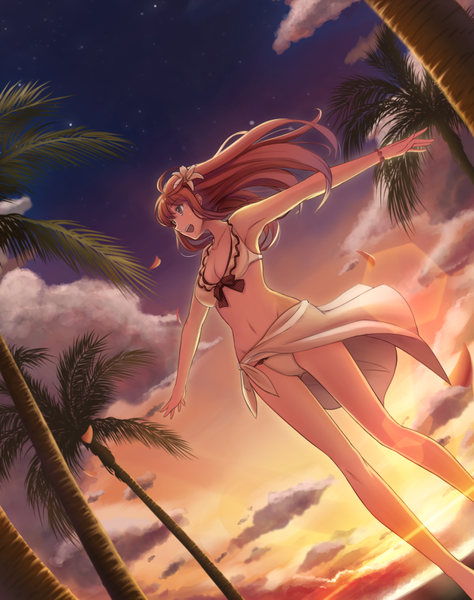 Anime picture 900x1138 with original keikei (kitty colors) single long hair tall image blush fringe breasts open mouth light erotic smile hair between eyes brown hair standing brown eyes looking away cleavage cloud (clouds) outdoors :d