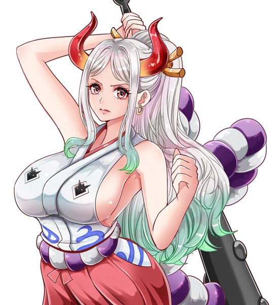 Anime picture 1289x1400 with one piece toei animation yamato (one piece) 1041 (toshikazu) single long hair tall image looking at viewer breasts light erotic simple background red eyes large breasts white background silver hair ponytail horn (horns) sleeveless sideboob girl