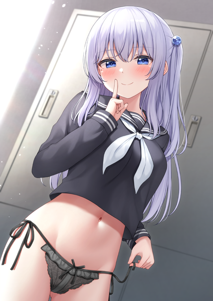 Anime picture 752x1062 with original karutamo single long hair tall image looking at viewer blush fringe blue eyes light erotic smile hair between eyes standing payot silver hair indoors long sleeves head tilt mole from below