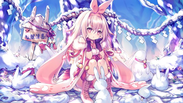 Anime picture 1920x1080 with ark order yinfan bai tu utm single long hair blush fringe highres light erotic hair between eyes wide image sitting pink hair bent knee (knees) pink eyes wide sleeves pantyshot wallpaper fur trim symbol-shaped pupils