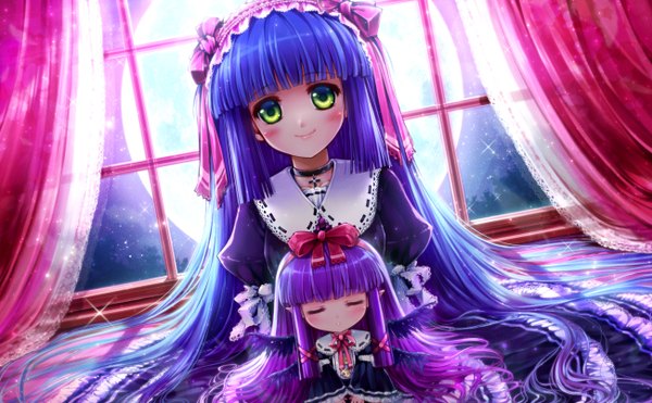 Anime picture 1300x804 with misaki (kyal 001) long hair looking at viewer smile wide image green eyes blue hair purple hair eyes closed chibi girl dress bow hair bow wings window hairband