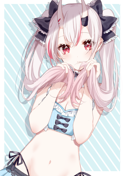 Anime picture 1413x2000 with virtual youtuber hololive nakiri ayame nakiri ayame (summertime nakiri) sinsihukunokonaka single long hair tall image looking at viewer light erotic red eyes twintails silver hair multicolored hair horn (horns) two-tone hair streaked hair official alternate costume border oni horns