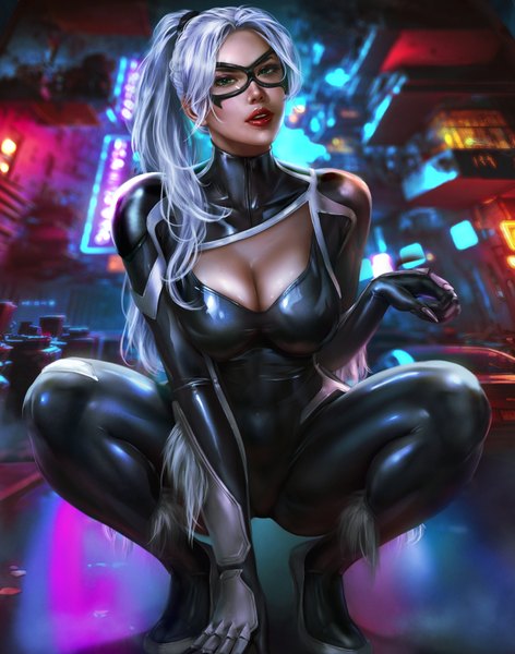 Anime-Bild 2908x3700 mit marvel comics black cat (felicia hardy) logan cure single long hair tall image looking at viewer blush highres breasts open mouth light erotic large breasts green eyes cleavage outdoors white hair ponytail realistic night
