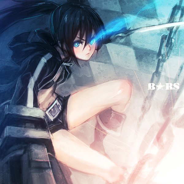Anime picture 1000x1000 with black rock shooter black rock shooter (character) yakinasu single long hair looking at viewer blue eyes black hair twintails inscription outstretched arm glowing glowing eye (eyes) checkered floor girl weapon sword shorts boots gun