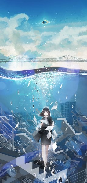 Anime picture 1300x2730 with original chris (pixiv) single long hair tall image looking at viewer fringe short hair black hair holding sky underwater girl skirt animal building (buildings) bag bubble (bubbles) fish (fishes) stairs