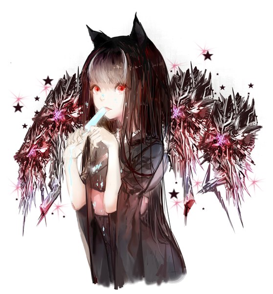 Anime picture 1748x1880 with sa'yuki single long hair tall image looking at viewer highres open mouth black hair red eyes standing animal ears traditional clothes japanese clothes cat ears sparkle cat girl girl food sweets tongue