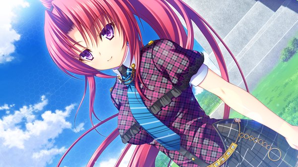 Anime picture 1280x720 with re:birth colony rindou ruri (re:birth colony) asami asami long hair wide image purple eyes game cg cloud (clouds) ponytail red hair girl dress necktie