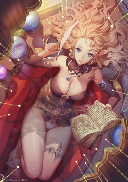 Anime picture 1000x1415 with original kakiman (artist) single long hair tall image looking at viewer fringe breasts blue eyes light erotic blonde hair smile large breasts bare shoulders holding payot cleavage bent knee (knees) long sleeves parted lips