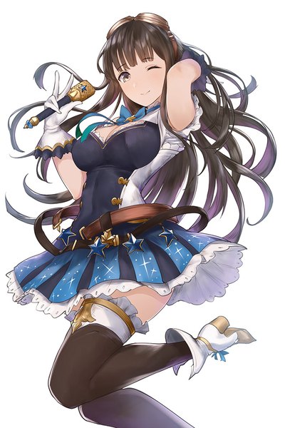 Anime picture 700x1050 with granblue fantasy jessica (granblue fantasy) yaman (yamanta lov) single long hair tall image looking at viewer blush breasts black hair simple background large breasts white background holding brown eyes one eye closed light smile wink high heels adjusting hair