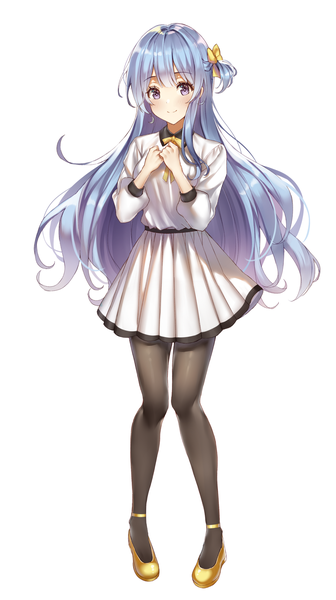 Anime picture 1680x3000 with original lium single long hair tall image looking at viewer blush fringe simple background smile standing white background purple eyes blue hair full body long sleeves pleated skirt one side up shiny girl