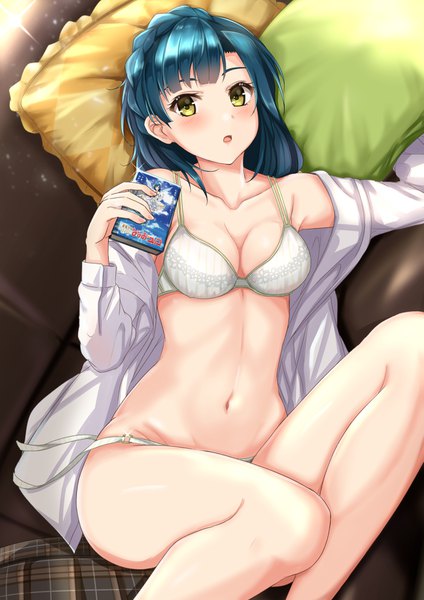 Anime picture 1191x1684 with idolmaster idolmaster million live! nanao yuriko yuzuyu (hyui) single tall image looking at viewer blush fringe open mouth light erotic bare shoulders holding yellow eyes blue hair bent knee (knees) lying open clothes bare belly on back