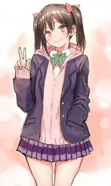 Anime picture 900x1500 with love live! school idol project sunrise (studio) love live! yazawa nico jugatukumao single tall image looking at viewer blush short hair smile red eyes brown hair twintails short twintails victory hand in pocket girl uniform bow