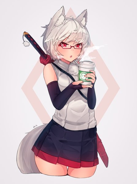 Anime picture 1048x1407 with touhou inubashiri momiji ehrrr single tall image blush short hair open mouth simple background red eyes standing holding signed animal ears looking away ahoge white hair tail animal tail pleated skirt