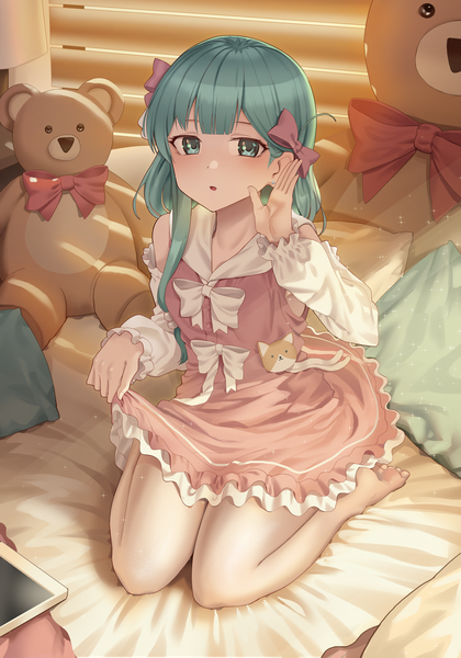 Anime picture 3500x5000 with original goback single long hair tall image looking at viewer fringe highres open mouth sitting green eyes absurdres full body indoors arm up green hair from above no shoes frilled dress dress lift