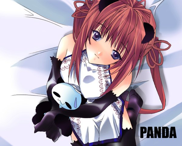 Anime picture 1280x1024 with original single long hair looking at viewer purple eyes animal ears red hair chinese clothes looking up girl thighhighs gloves black thighhighs animal chinese dress panda