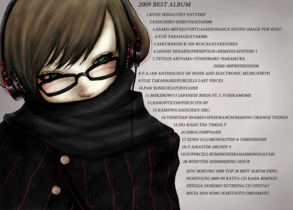 Anime picture 1387x1000 with original rio emoto single blush fringe short hair simple background brown hair green eyes looking away inscription girl glasses headphones scarf wire (wires)