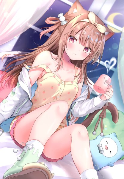 Anime picture 2406x3464 with original koyomi (masayo) masayo (gin no ame) single long hair tall image blush fringe highres breasts hair between eyes brown hair sitting bare shoulders holding brown eyes animal ears payot full body bent knee (knees)