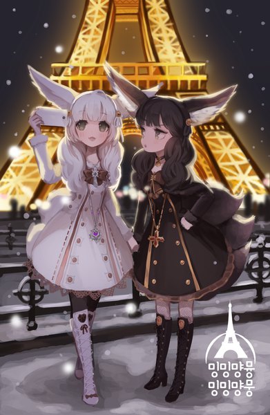 Anime picture 1905x2921 with blade & soul lyn (blade & soul) seorang long hair tall image looking at viewer blush highres open mouth black hair standing multiple girls animal ears looking away full body outdoors white hair tail long sleeves arm up