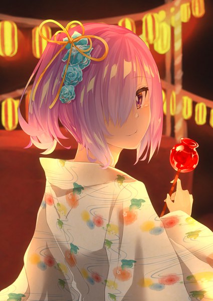 Anime picture 1002x1414 with fate (series) fate/grand order mash kyrielight iwai minato single tall image looking at viewer blush fringe short hair smile holding pink hair upper body long sleeves traditional clothes japanese clothes pink eyes looking back hair flower