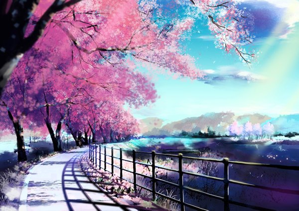 Anime picture 1500x1061 with original hidarikiki no manju sky cloud (clouds) sunlight shadow cherry blossoms horizon mountain no people landscape sunbeam scenic flower (flowers) plant (plants) tree (trees) grass railing