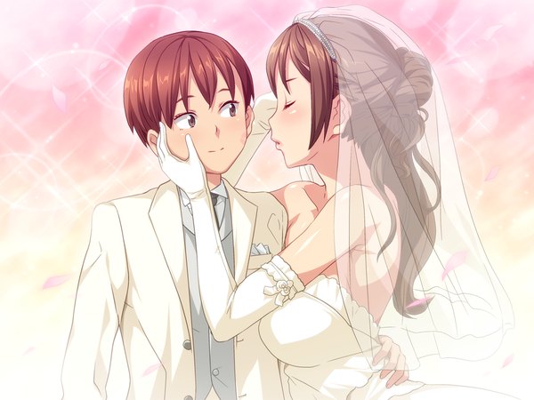 Anime picture 1024x768 with miboujin nikki long hair blush short hair brown hair brown eyes game cg couple girl dress boy wedding dress